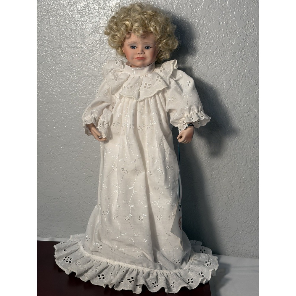 Curly Blonde Hair Porcelain Doll 16" Blue Eyes All White Gown - Picture 1 of 13